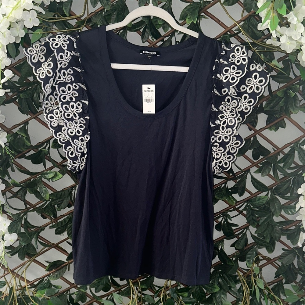 Express Black Top with White Lace Flutter Sleeves